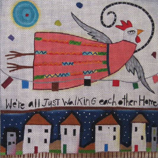 Decorative needlepoint with a red building, bird, and text on a white background
